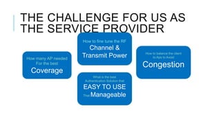 THE CHALLENGE FOR US AS
THE SERVICE PROVIDER
How to fine tune the RF

How many AP needed
For the best

Channel &
Transmit Power

How to balance the client
to Aps to Avoid

Congestion

Coverage
What is the best
Authentication Solution that

EASY TO USE
That Manageable

 