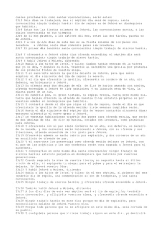 cuales proclamaréis como santas convocaciones, serán estas:
23:3 Seis días se trabajará, mas el séptimo día será de reposo, santa
convocación; ningún trabajo haréis; día de reposo es de Jehová en dondequiera
que habitéis.
23:4 Estas son las fiestas solemnes de Jehová, las convocaciones santas, a las
cuales convocaréis en sus tiempos:
23:5 En el mes primero, a los catorce del mes, entre las dos tardes, pascua es
de Jehová.
23:6 Y a los quince días de este mes es la fiesta solemne de los panes sin
levadura a Jehová; siete días comeréis panes sin levadura.
23:7 El primer día tendréis santa convocación; ningún trabajo de siervos haréis.
23:8 Y ofreceréis a Jehová siete días ofrenda encendida; el séptimo día será
santa convocación; ningún trabajo de siervo haréis.
23:9 Y habló Jehová a Moisés, diciendo:
23:10 Habla a los hijos de Israel y diles: Cuando hayáis entrado en la tierra
que yo os doy, y seguéis su mies, traeréis al sacerdote una gavilla por primicia
de los primeros frutos de vuestra siega.
23:11 Y el sacerdote mecerá la gavilla delante de Jehová, para que seáis
aceptos; el día siguiente del día de reposo la mecerá.
23:12 Y el día que ofrezcáis la gavilla, ofreceréis un cordero de un año, sin
defecto, en holocausto a Jehová.
23:13 Su ofrenda será dos décimas de efa de flor de harina amasada con aceite,
ofrenda encendida a Jehová en olor gratísimo; y su libación será de vino, la
cuarta parte de un hin.
23:14 No comeréis pan, ni grano tostado, ni espiga fresca, hasta este mismo día,
hasta que hayáis ofrecido la ofrenda de vuestro Dios; estatuto perpetuo es por
vuestras edades en dondequiera que habitéis.
23:15 Y contaréis desde el día que sigue al día de reposo, desde el día en que
ofrecisteis la gavilla de la ofrenda mecida; siete semanas cumplidas serán.
23:16 Hasta el día siguiente del séptimo día de reposo contaréis cincuenta días;
entonces ofreceréis el nuevo grano a Jehová.
23:17 De vuestras habitaciones traeréis dos panes para ofrenda mecida, que serán
de dos décimas de efa de flor de harina, cocidos con levadura, como primicias
para Jehová.
23:18 Y ofreceréis con el pan siete corderos de un año, sin defecto, un becerro
de la vacada, y dos carneros; serán holocausto a Jehová, con su ofrenda y sus
libaciones, ofrenda encendida de olor grato para Jehová.
23:19 Ofreceréis además un macho cabrío por expiación, y dos corderos de un año
en sacrificio de ofrenda de paz.
23:20 Y el sacerdote los presentará como ofrenda mecida delante de Jehová, con
el pan de las primicias y los dos corderos; serán cosa sagrada a Jehová para el
sacerdote.
23:21 Y convocaréis en este mismo día santa convocación; ningún trabajo de
siervos haréis; estatuto perpetuo en dondequiera que habitéis por vuestras
generaciones.
23:22 Cuando segareis la mies de vuestra tierra, no segaréis hasta el último
rincón de ella, ni espigarás tu siega; para el pobre y para el extranjero la
dejarás. Yo Jehová vuestro Dios.
23:23 Y habló Jehová a Moisés, diciendo:
23:24 Habla a los hijos de Israel y diles: En el mes séptimo, al primero del mes
tendréis día de reposo, una conmemoración al son de trompetas, y una santa
convocación.
23:25 Ningún trabajo de siervos haréis; y ofreceréis ofrenda encendida a Jehová.
23:26 También habló Jehová a Moisés, diciendo:
23:27 A los diez días de este mes séptimo será el día de expiación; tendréis
santa convocación, y afligiréis vuestras almas, y ofreceréis ofrenda encendida a
Jehová.
23:28 Ningún trabajo haréis en este día; porque es día de expiación, para
reconciliaros delante de Jehová vuestro Dios.
23:29 Porque toda persona que no se afligiere en este mismo día, será cortada de
su pueblo.
23:30 Y cualquiera persona que hiciere trabajo alguno en este día, yo destruiré
 