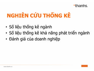 NGHIÊN CỨU THỐNG KÊ
• Số liệu thống kê ngành
• Số liệu thống kê khả năng phát triển ngành
• Đánh giá của doanh nghiệp
 