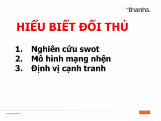 HIỂU BIẾT ĐỐI THỦ
1. Nghiên cứu swot
2. Mô hình mạng nhện
3. Định vị cạnh tranh
 