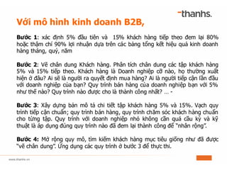 Với mô hình kinh doanh B2B,
Bước 1: xác định 5% đầu tiên và 15% khách hàng tiếp theo đem lại 80%
hoặc thậm chí 90% lợi nhuận dựa trên các bảng tổng kết hiệu quả kinh doanh
hàng tháng, quý, năm
Bước 2: Vẽ chân dung Khách hàng. Phân tích chân dung các tập khách hàng
5% và 15% tiếp theo. Khách hàng là Doanh nghiệp cỡ nào, họ thường xuất
hiện ở đâu? Ai sẽ là người ra quyết định mua hàng? Ai là người tiếp cận lần đầu
với doanh nghiệp của bạn? Quy trình bán hàng của doanh nghiệp bạn với 5%
như thế nào? Quy trình nào được cho là thành công nhất? … -
Bước 3: Xây dựng bản mô tả chi tiết tập khách hàng 5% và 15%. Vạch quy
trình tiếp cận chuẩn; quy trình bán hàng, quy trình chăm sóc khách hàng chuẩn
cho từng tập. Quy trình với doanh nghiệp nhỏ không cần quá cầu kỳ và kỹ
thuật là áp dụng đúng quy trình nào đã đem lại thành công để “nhân rộng”.
Bước 4: Mở rộng quy mô, tìm kiếm khách hàng mục tiêu giống như đã được
“vẽ chân dung”. Ứng dụng các quy trình ở bước 3 để thực thi.
 