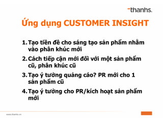Ứng dụng CUSTOMER INSIGHT
1.Tạo tiền đề cho sáng tạo sản phẩm nhằm
vào phân khúc mới
2.Cách tiếp cận mới đối với một sản phẩm
cũ, phân khúc cũ
3.Tạo ý tưởng quảng cáo? PR mới cho 1
sản phẩm cũ
4.Tạo ý tưởng cho PR/kích hoạt sản phẩm
mới
 