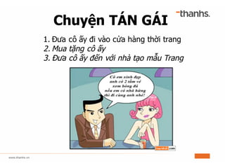 Chuyện TÁN GÁI
1. Đưa cô ấy đi vào cửa hàng thời trang
2. Mua tặng cô ấy
3. Đưa cô ấy đến với nhà tạo mẫu Trang
 