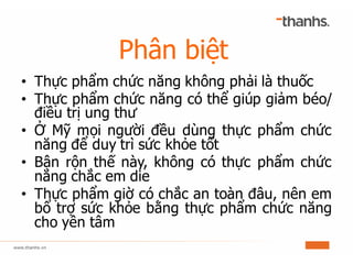 Phân biệt
• Thực phẩm chức năng không phải là thuốc
• Thực phẩm chức năng có thể giúp giảm béo/
điều trị ung thư
• Ở Mỹ mọi người đều dùng thực phẩm chức
năng để duy trì sức khỏe tốt
• Bận rộn thế này, không có thực phẩm chức
năng chắc em die
• Thực phẩm giờ có chắc an toàn đâu, nên em
bổ trợ sức khỏe bằng thực phẩm chức năng
cho yên tâm
 