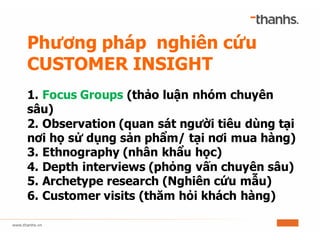 Phương pháp nghiên cứu
CUSTOMER INSIGHT
1. Focus Groups (thảo luận nhóm chuyên
sâu)
2. Observation (quan sát người tiêu dùng tại
nơi họ sử dụng sản phẩm/ tại nơi mua hàng)
3. Ethnography (nhân khẩu học)
4. Depth interviews (phỏng vấn chuyên sâu)
5. Archetype research (Nghiên cứu mẫu)
6. Customer visits (thăm hỏi khách hàng)
 