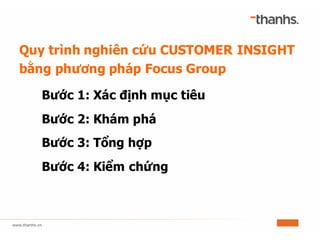Quy trình nghiên cứu CUSTOMER INSIGHT
bằng phương pháp Focus Group
Bước 1: Xác định mục tiêu
Bước 2: Khám phá
Bước 3: Tổng hợp
Bước 4: Kiểm chứng
 