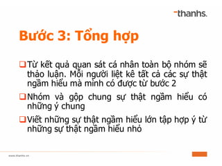 Bước 3: Tổng hợp
qTừ kết quả quan sát cá nhân toàn bộ nhóm sẽ
thảo luận. Mỗi người liệt kê tất cả các sự thật
ngầm hiểu mà mình có được từ bước 2
qNhóm và gộp chung sự thật ngầm hiểu có
những ý chung
qViết những sự thật ngầm hiểu lớn tập hợp ý từ
những sự thật ngầm hiểu nhỏ
 