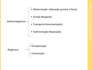GÉNESE DAS ROCHAS SEDIMENTARES
                  • Meteorização (alteração química e física)

                  • Erosão (...