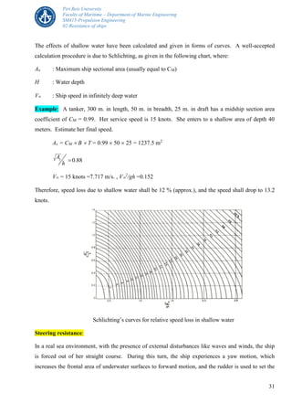Piri Reis University
Faculty of Maritime – Department of Marine Engineering
SM415-Propulsion Engineering
02-Resistance of ships
31
The effects of shallow water have been calculated and given in forms of curves. A well-accepted
calculation procedure is due to Schlichting, as given in the following chart, where:
Ax : Maximum ship sectional area (usually equal to CM)
H : Water depth
V : Ship speed in infinitely deep water
Example: A tanker, 300 m. in length, 50 m. in breadth, 25 m. in draft has a midship section area
coefficient of CM = 0.99. Her service speed is 15 knots. She enters to a shallow area of depth 40
meters. Estimate her final speed.
Ax = CM  B  T = 0.99  50  25 = 1237.5 m2
xA
h
0.88
V = 15 knots =7.717 m/s. , V
2
/gh =0.152
Therefore, speed loss due to shallow water shall be 12 % (approx.), and the speed shall drop to 13.2
knots.
Schlichting’s curves for relative speed loss in shallow water
Steering resistance:
In a real sea environment, with the presence of external disturbances like waves and winds, the ship
is forced out of her straight course. During this turn, the ship experiences a yaw motion, which
increases the frontal area of underwater surfaces to forward motion, and the rudder is used to set the
 