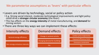 Intensity effects
Sectoral energy efficiency
Non-energy emissions intensity
Demand effects
Change in sectoral activity
Changing demand for buildings
Etc.
Policy effects
Carbon price trajectories
Imposed efficiency limits
Emissions constraints
Etc.
We parameterise assumptions as ‘levers’ with particular effects
• Levers are driven by technology, social or policy action
• E.g. Strong social interest, moderate technological improvements and light policy
could drive a stronger circular economy (the lever)
• This has effects on the energy intensity of metal manufacturing, and demand for
mining sectors
• There are three key ways we can implement these effects:
 