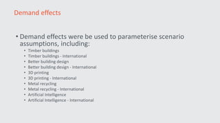 • Demand effects were be used to parameterise scenario
assumptions, including:
• Timber buildings
• Timber buildings - International
• Better building design
• Better building design - International
• 3D printing
• 3D printing - International
• Metal recycling
• Metal recycling - International
• Artificial Intelligence
• Artificial Intelligence - International
Demand effects
 