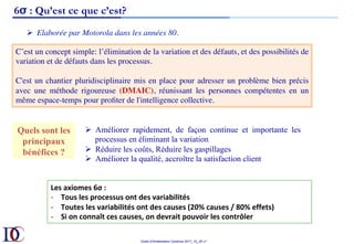 Outils d’Amélioration Continue 2017_10_JD v1
6σ : Qu’est ce que c’est?
Ø  Elaborée par Motorola dans les années 80.
C’est un concept simple: l’élimination de la variation et des défauts, et des possibilités de
variation et de défauts dans les processus.
C'est un chantier pluridisciplinaire mis en place pour adresser un problème bien précis
avec une méthode rigoureuse (DMAIC), réunissant les personnes compétentes en un
même espace-temps pour profiter de l'intelligence collective.
Quels sont les
principaux
bénéfices ?
Ø  Améliorer rapidement, de façon continue et importante les
processus en éliminant la variation
Ø  Réduire les coûts, Réduire les gaspillages
Ø  Améliorer la qualité, accroître la satisfaction client
Les	axiomes	6σ	:		
-  Tous	les	processus	ont	des	variabilités	
-  Toutes	les	variabilités	ont	des	causes	(20%	causes	/	80%	effets)	
-  Si	on	connaît	ces	causes,	on	devrait	pouvoir	les	contrôler	
 