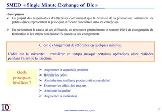 Outils d’Amélioration Continue 2017_10_JD v1
SMED « Single Minute Exchange of Die »
15	
Avant propos:
Ø  La plupart des responsables d’entreprises conviennent que la diversité de la production, notamment les
petites séries, représentent la principale difficulté rencontrée dans les entreprises.
Ø  En recherchant la cause de ces difficultés, on rencontre généralement le nombre élevé de changements de
fabrication et les temps non productifs passées à ces changements.
C’est le changement de référence en quelques minutes.
L’idée est la suivante: transférer en temps masqué certaines opérations alors réalisées
pendant l’arrêt de la machine.
Ø  Augmenter la capacité à produire
Ø  Réduire les coûts
Ø  Atteindre une meilleure productivité et rentabilité
Ø  Diminuer les délais, les encours
Ø  Améliorer la qualité
Ø  Augmenter la motivation
Quels
principaux
bénéfices ?
 