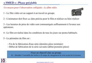 Outils d’Amélioration Continue 2017_10_JD v1
19	
« SMED » : Phase préalable
Un moyen pour l’observation collégiale : Le film vidéo
1 - Le film vidéo est un support à un travail en groupe.
2 - L'animateur doit fixer une date précise pour le film et réaliser ou faire réaliser
3 - Les horaires de prise de vidéo sont communiqués suffisamment à l'avance aux
opérateurs.
4 - Le film est réalisé dans les conditions de tous les jours sur postes habituels.
5 - Le périmètre du film est :
- Fin de la fabrication d'une série (dernière pièce terminée)
- Début de fabrication de la série suivante (début première pièce)
Fixer un objectif clair au groupe
Ex : Identifier l’ensemble des tâches et le temps de changement de série actuel de la laveuse
 