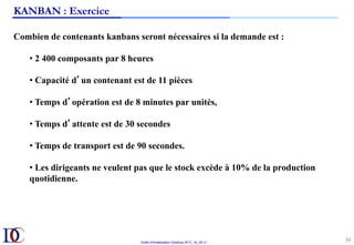 Outils d’Amélioration Continue 2017_10_JD v1
34	
KANBAN : Exercice
Combien de contenants kanbans seront nécessaires si la demande est :
• 2 400 composants par 8 heures
• Capacité d’un contenant est de 11 pièces
• Temps d’opération est de 8 minutes par unités,
• Temps d’attente est de 30 secondes
• Temps de transport est de 90 secondes.
• Les dirigeants ne veulent pas que le stock excède à 10% de la production
quotidienne.
	
 