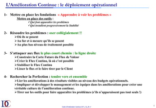 Outils d’Amélioration Continue 2017_10_JD v1
L’Amélioration Continue : le déploiement opérationnel
4	
1- Mettre en place les fondations « Apprendre à voir les problèmes »
Mettre en place des outils :
ü Qui font apparaître les problèmes
ü Qui installent progressivement la Stabilité
2- Résoudre les problèmes : oser collégialement !!
Ø Où ils se posent
Ø Au fur et à mesure qu’ils se posent
Ø Au plus bas niveau de traitement possible
3- S’attaquer aux flux le plus court chemin : la ligne droite
Ø Construire la Carte Future du Flux de Valeur
Ø Créer le Flux Continu, là où c’est possible
Ø Stabiliser le Flux Continu
Ø Lisser le flux et le faire tirer par le Client
4- Rechercher la Perfection : tendre vers et ensemble
Ø Lier les améliorations à des résultats visibles au niveau des budgets opérationnels.
Ø Impliquer et développer le management et les équipes dans les améliorations pour créer une
véritable culture de l’amélioration continue.
Ø Tirer sur les outils pour faire apparaître les problèmes (s’ils n’apparaissent pas tout seuls !)
 