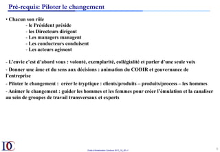 Outils d’Amélioration Continue 2017_10_JD v1
6	
Pré-requis: Piloter le changement
• Chacun son rôle
- le Président préside
- les Directeurs dirigent
- Les managers managent
- Les conducteurs conduisent
- Les acteurs agissent
- L’envie c’est d’abord vous : volonté, exemplarité, collégialité et parler d’une seule voix
- Donner une âme et du sens aux décisions : animation du CODIR et gouvernance de
l’entreprise
- Piloter le changement : créer le tryptique : clients/produits – produits/process – les hommes
- Animer le changement : guider les hommes et les femmes pour créer l’émulation et la canaliser
au sein de groupes de travail transversaux et experts
 