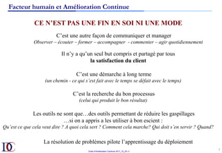 Outils d’Amélioration Continue 2017_10_JD v1
Facteur humain et Amélioration Continue
7	
CE N’EST PAS UNE FIN EN SOI NI UNE MODE
C’est une autre façon de communiquer et manager
Observer – écouter – former – accompagner - commenter – agir quotidiennement
Il n’y a qu’un seul but compris et partagé par tous
la satisfaction du client
C’est une démarche à long terme
(un chemin - ce qui s’est fait avec le temps se défait avec le temps)
C’est la recherche du bon processus
(celui qui produit le bon résultat)
Les outils ne sont que…des outils permettant de réduire les gaspillages
…si on a appris a les utiliser à bon escient :
Qu’est ce que cela veut dire ? A quoi cela sert ? Comment cela marche? Qui doit s’en servir ? Quand?
La résolution de problèmes pilote l’apprentissage du déploiement
 