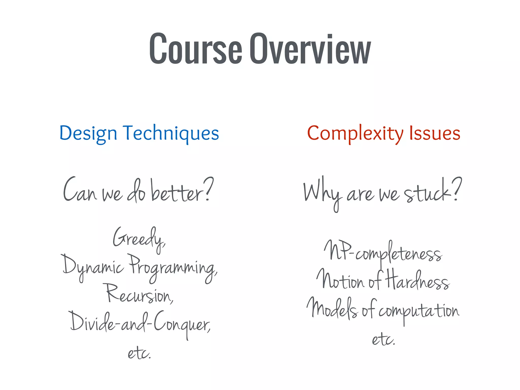 Course Overview
Design Techniques
Greedy,
Dynamic Programming,
Recursion,
Divide-and-Conquer,
etc.
Complexity Issues
Why are we stuck?Can we do better?
NP-completeness
Notion of Hardness
Models of computation
etc.
 