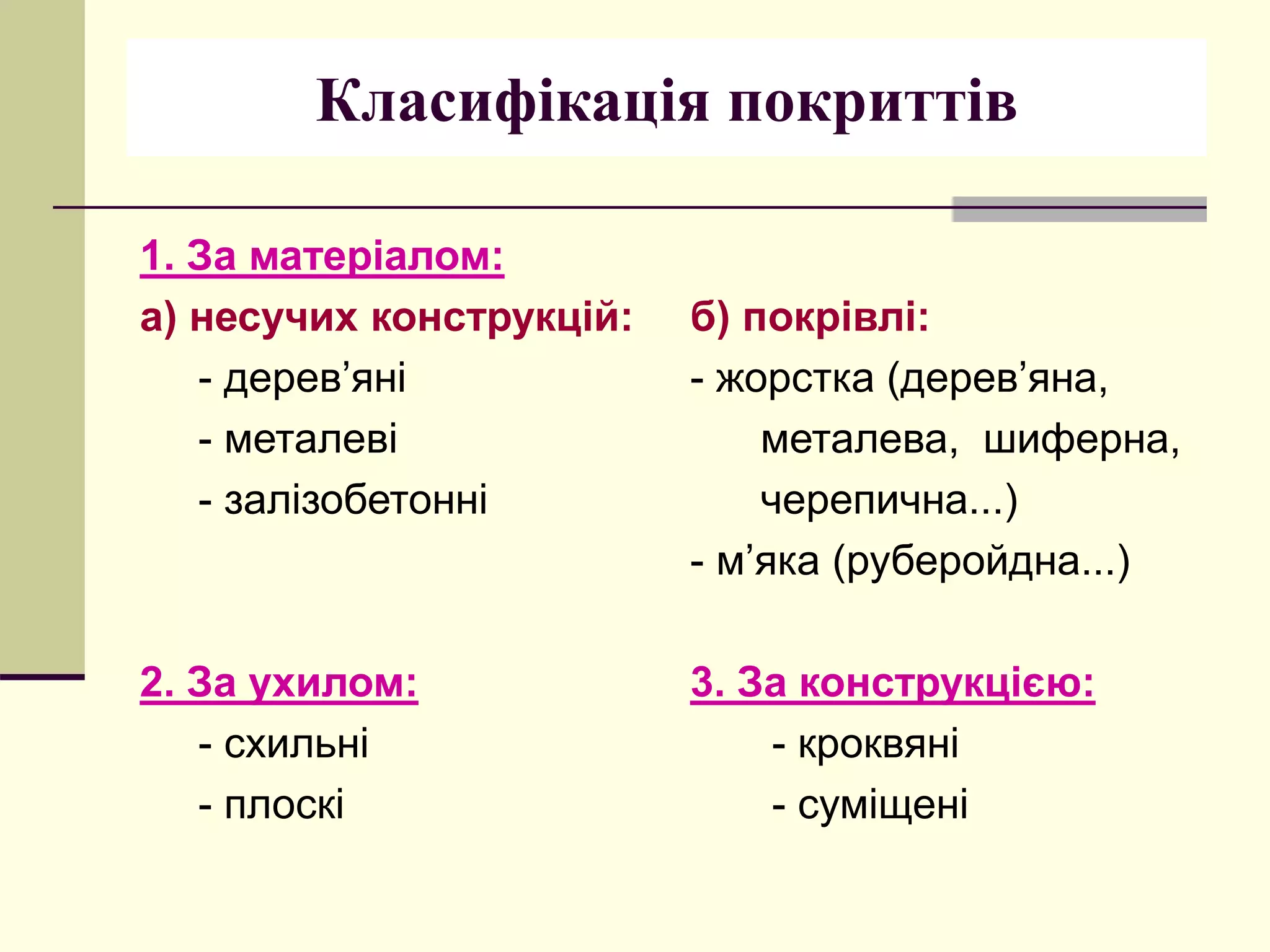Класифікація покриттів
1. За матеріалом:
а) несучих конструкцій:
- дерев’яні
- металеві
- залізобетонні
2. За ухилом:
- схильні
- плоскі
б) покрівлі:
- жорстка (дерев’яна,
металева, шиферна,
черепична...)
- м’яка (руберойдна...)
3. За конструкцією:
- кроквяні
- суміщені
 