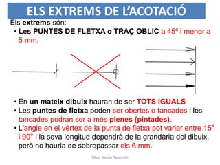 ELS EXTREMS DE L’ACOTACIÓ
Silvia Mejías Tarancón
Els extrems són:
• Les PUNTES DE FLETXA o TRAÇ OBLIC a 45º i menor a
5 mm.
• En un mateix dibuix hauran de ser TOTS IGUALS
• Les puntes de fletxa poden ser obertes o tancades i les
tancades podran ser a més plenes (pintades).
• L'angle en el vèrtex de la punta de fletxa pot variar entre 15°
i 90° i la seva longitud dependrà de la grandària del dibuix,
però no hauria de sobrepassar els 6 mm.
 