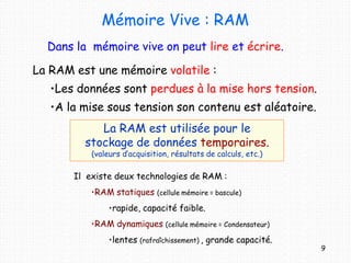 Mémoire Vive : RAM
9
La RAM est utilisée pour le
stockage de données temporaires.
(valeurs d’acquisition, résultats de calculs, etc.)
Dans la mémoire vive on peut lire et écrire.
La RAM est une mémoire volatile :
•Les données sont perdues à la mise hors tension.
•A la mise sous tension son contenu est aléatoire.
Il existe deux technologies de RAM :
•RAM statiques (cellule mémoire = bascule)
•rapide, capacité faible.
•RAM dynamiques (cellule mémoire = Condensateur)
•lentes (rafraîchissement) , grande capacité.
 