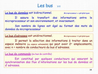 Les bus 2/2
Le bus d’adresses est unidirectionnel. Microprocesseur  périphériques
Il permet la sélection des informations à traiter dans un
espace mémoire (ou espace adressable) qui peut avoir 2n emplacements,
avec n = nombre de conducteurs du bus d'adresses.
Le bus de commande (ou bus de contrôle)
Est constitué par quelques conducteurs qui assurent la
synchronisation des flux d'informations sur les bus de données et
d’ adresses.
Le bus de données est bidirectionnel.
14
Microprocesseur  périphériques
Il assure le transfert des informations entre le
microprocesseur et son environnement, et inversement.
Son nombre de lignes est égal au format des mots de
données du microprocesseur.
 