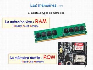 La mémoire vive : RAM
(Random Acces Memory)
La mémoire morte : ROM
(Read Only Memory)
Les mémoires 2/2
Il existe 2 types de mémoires
8
 