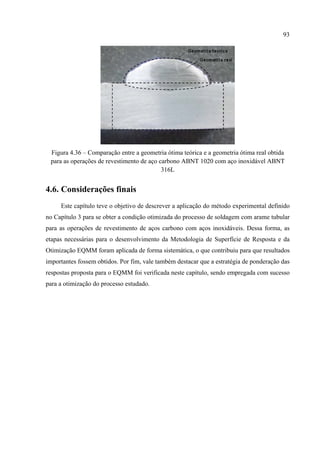 93
 
Figura 4.36 – Comparação entre a geometria ótima teórica e a geometria ótima real obtida
para as operações de revestimento de aço carbono ABNT 1020 com aço inoxidável ABNT
316L
4.6. Considerações finais
Este capítulo teve o objetivo de descrever a aplicação do método experimental definido
no Capítulo 3 para se obter a condição otimizada do processo de soldagem com arame tubular
para as operações de revestimento de aços carbono com aços inoxidáveis. Dessa forma, as
etapas necessárias para o desenvolvimento da Metodologia de Superfície de Resposta e da
Otimização EQMM foram aplicada de forma sistemática, o que contribuiu para que resultados
importantes fossem obtidos. Por fim, vale também destacar que a estratégia de ponderação das
respostas proposta para o EQMM foi verificada neste capítulo, sendo empregada com sucesso
para a otimização do processo estudado.
 