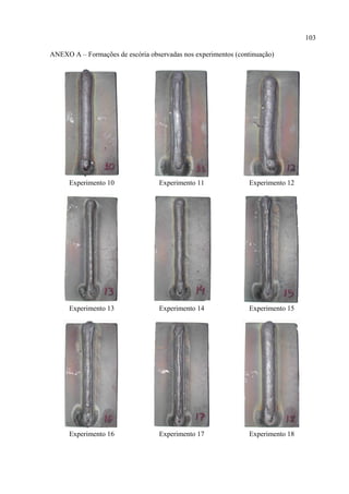 103
ANEXO A – Formações de escória observadas nos experimentos (continuação)
Experimento 10 Experimento 11 Experimento 12
Experimento 13 Experimento 14 Experimento 15
Experimento 16 Experimento 17 Experimento 18
 