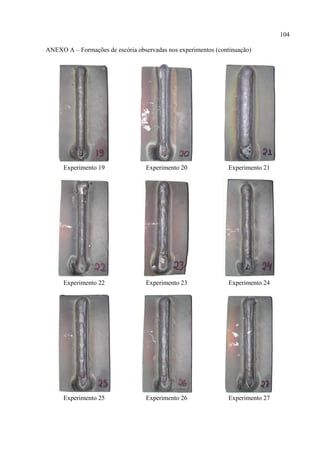 104
ANEXO A – Formações de escória observadas nos experimentos (continuação)
Experimento 19 Experimento 20 Experimento 21
Experimento 22 Experimento 23 Experimento 24
Experimento 25 Experimento 26 Experimento 27
 