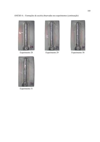 105
ANEXO A – Formações de escória observadas nos experimentos (continuação)
Experimento 28 Experimento 29 Experimento 30
Experimento 31
 