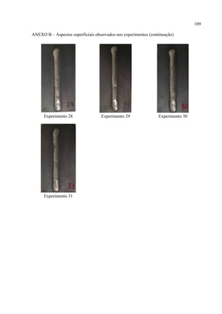 109
ANEXO B – Aspectos superficiais observados nos experimentos (continuação)
Experimento 28 Experimento 29 Experimento 30
Experimento 31
 