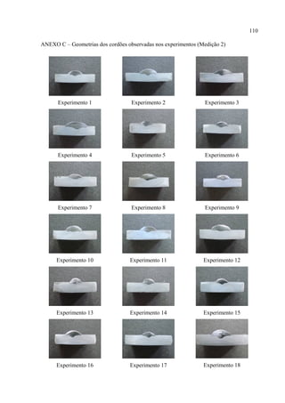 110
ANEXO C – Geometrias dos cordões observadas nos experimentos (Medição 2)
Experimento 1 Experimento 2 Experimento 3
Experimento 4 Experimento 5 Experimento 6
Experimento 7 Experimento 8 Experimento 9
Experimento 10 Experimento 11 Experimento 12
Experimento 13 Experimento 14 Experimento 15
Experimento 16 Experimento 17 Experimento 18
 