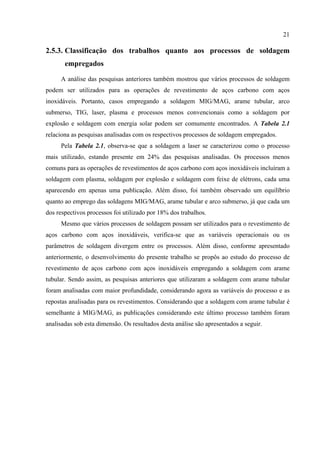 21
2.5.3. Classificação dos trabalhos quanto aos processos de soldagem
empregados
A análise das pesquisas anteriores também mostrou que vários processos de soldagem
podem ser utilizados para as operações de revestimento de aços carbono com aços
inoxidáveis. Portanto, casos empregando a soldagem MIG/MAG, arame tubular, arco
submerso, TIG, laser, plasma e processos menos convencionais como a soldagem por
explosão e soldagem com energia solar podem ser comumente encontrados. A Tabela 2.1
relaciona as pesquisas analisadas com os respectivos processos de soldagem empregados.
Pela Tabela 2.1, observa-se que a soldagem a laser se caracterizou como o processo
mais utilizado, estando presente em 24% das pesquisas analisadas. Os processos menos
comuns para as operações de revestimentos de aços carbono com aços inoxidáveis incluíram a
soldagem com plasma, soldagem por explosão e soldagem com feixe de elétrons, cada uma
aparecendo em apenas uma publicação. Além disso, foi também observado um equilíbrio
quanto ao emprego das soldagens MIG/MAG, arame tubular e arco submerso, já que cada um
dos respectivos processos foi utilizado por 18% dos trabalhos.
Mesmo que vários processos de soldagem possam ser utilizados para o revestimento de
aços carbono com aços inoxidáveis, verifica-se que as variáveis operacionais ou os
parâmetros de soldagem divergem entre os processos. Além disso, conforme apresentado
anteriormente, o desenvolvimento do presente trabalho se propôs ao estudo do processo de
revestimento de aços carbono com aços inoxidáveis empregando a soldagem com arame
tubular. Sendo assim, as pesquisas anteriores que utilizaram a soldagem com arame tubular
foram analisadas com maior profundidade, considerando agora as variáveis do processo e as
repostas analisadas para os revestimentos. Considerando que a soldagem com arame tubular é
semelhante à MIG/MAG, as publicações considerando este último processo também foram
analisadas sob esta dimensão. Os resultados desta análise são apresentados a seguir.
 