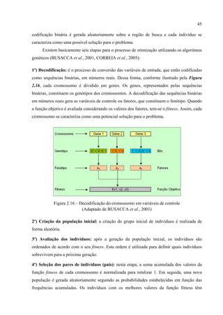 45
codificação binária é gerada aleatoriamente sobre a região de busca e cada indivíduo se
caracteriza como uma possível solução para o problema.
Existem basicamente seis etapas para o processo de otimização utilizando os algoritmos
genéticos (BUSACCA et al., 2001, CORREIA et al., 2005):
1º) Decodificação: é o processo de conversão das variáveis de entrada, que estão codificadas
como sequências binárias, em números reais. Dessa forma, conforme ilustrado pela Figura
2.16, cada cromossomo é dividido em genes. Os genes, representados pelas sequências
binárias, constituem os genótipos dos cromossomos. A decodificação das sequências binárias
em números reais gera as variáveis de controle ou fatores, que constituem o fenótipo. Quando
a função objetivo é avaliada considerando os valores dos fatores, tem-se o fitness. Assim, cada
cromossomo se caracteriza como uma potencial solução para o problema.
Figura 2.16 – Decodificação do cromossomo em variáveis de controle
(Adaptado de BUSACCA et al., 2001)
2º) Criação da população inicial: a criação do grupo inicial de indivíduos é realizada de
forma aleatória.
3º) Avaliação dos indivíduos: após a geração da população inicial, os indivíduos são
ordenados de acordo com o seu fitness. Esta ordem é utilizada para definir quais indivíduos
sobrevivem para a próxima geração.
4º) Seleção dos pares de indivíduos (pais): nesta etapa, a soma acumulada dos valores da
função fitness de cada cromossomo é normalizada para totalizar 1. Em seguida, uma nova
população é gerada aleatoriamente seguindo as probabilidades estabelecidas em função das
frequências acumuladas. Os indivíduos com os melhores valores da função fitness têm
 