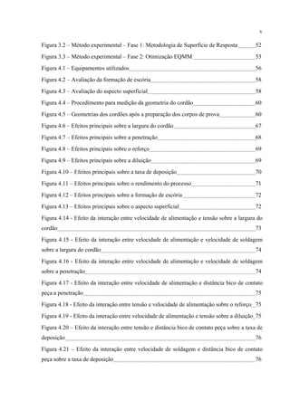 v
Figura 3.2 – Método experimental – Fase 1: Metodologia de Superfície de Resposta 52
Figura 3.3 – Método experimental – Fase 2: Otimização EQMM 53
Figura 4.1 – Equipamentos utilizados 56
Figura 4.2 – Avaliação da formação de escória 58
Figura 4.3 – Avaliação do aspecto superficial 58
Figura 4.4 – Procedimento para medição da geometria do cordão 60
Figura 4.5 – Geometrias dos cordões após a preparação dos corpos de prova 60
Figura 4.6 – Efeitos principais sobre a largura do cordão 67
Figura 4.7 – Efeitos principais sobre a penetração 68
Figura 4.8 – Efeitos principais sobre o reforço 69
Figura 4.9 – Efeitos principais sobre a diluição 69
Figura 4.10 – Efeitos principais sobre a taxa de deposição 70
Figura 4.11 – Efeitos principais sobre o rendimento do processo 71
Figura 4.12 – Efeitos principais sobre a formação de escória 72
Figura 4.13 – Efeitos principais sobre o aspecto superficial 72
Figura 4.14 - Efeito da interação entre velocidade de alimentação e tensão sobre a largura do
cordão 73
Figura 4.15 - Efeito da interação entre velocidade de alimentação e velocidade de soldagem
sobre a largura do cordão 74
Figura 4.16 - Efeito da interação entre velocidade de alimentação e velocidade de soldagem
sobre a penetração 74
Figura 4.17 - Efeito da interação entre velocidade de alimentação e distância bico de contato
peça a penetração 75
Figura 4.18 - Efeito da interação entre tensão e velocidade de alimentação sobre o reforço 75
Figura 4.19 - Efeito da interação entre velocidade de alimentação e tensão sobre a diluição 75
Figura 4.20 – Efeito da interação entre tensão e distância bico de contato peça sobre a taxa de
deposição 76
Figura 4.21 – Efeito da interação entre velocidade de soldagem e distância bico de contato
peça sobre a taxa de deposição 76
 