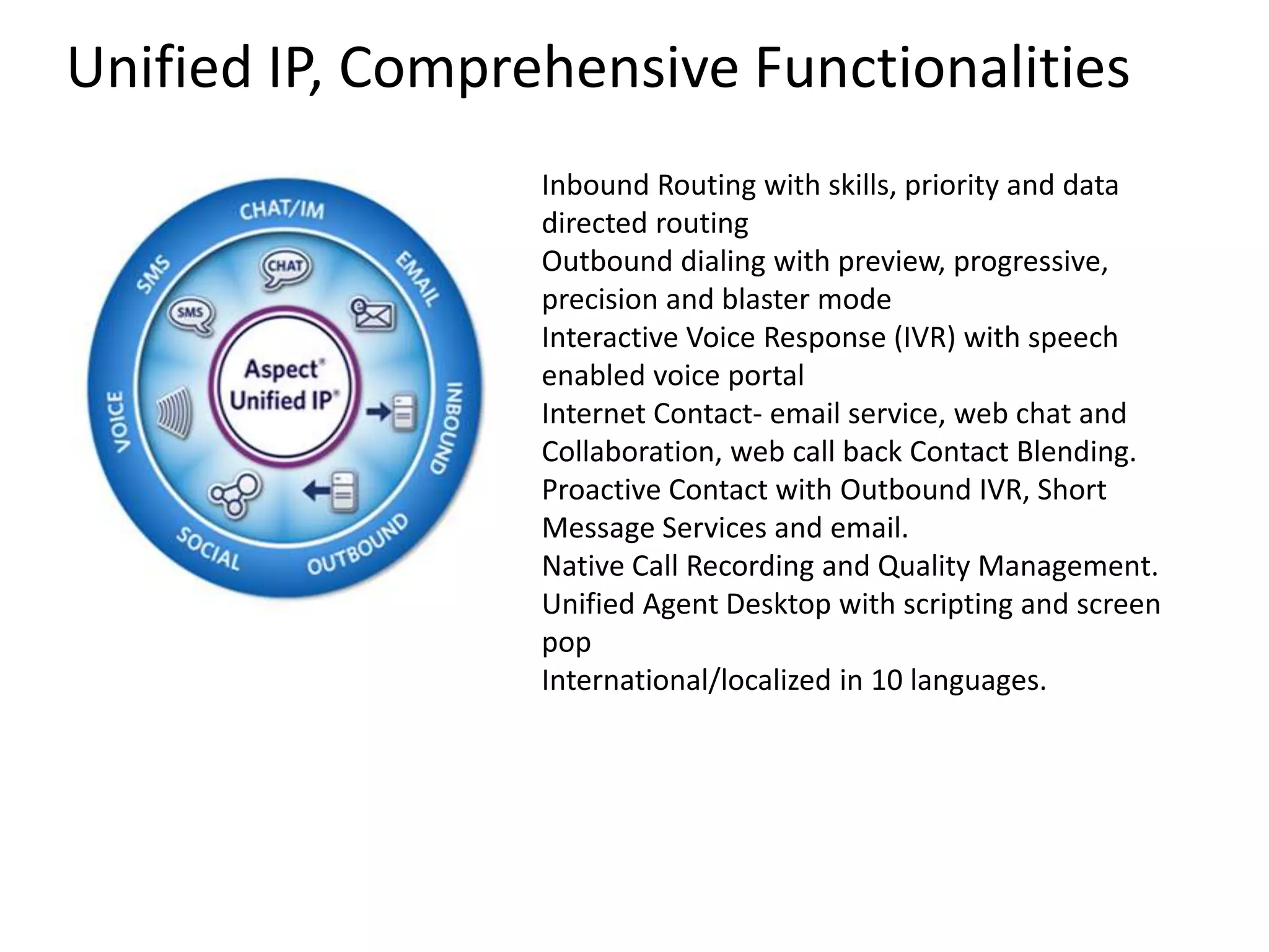 Unified IP, Comprehensive Functionalities
Inbound Routing with skills, priority and data
directed routing
Outbound dialing with preview, progressive,
precision and blaster mode
Interactive Voice Response (IVR) with speech
enabled voice portal
Internet Contact- email service, web chat and
Collaboration, web call back Contact Blending.
Proactive Contact with Outbound IVR, Short
Message Services and email.
Native Call Recording and Quality Management.
Unified Agent Desktop with scripting and screen
pop
International/localized in 10 languages.
 