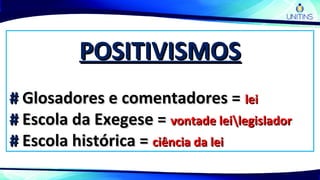 POSITIVISMOSPOSITIVISMOS
## Glosadores e comentadores =Glosadores e comentadores = leilei
## Escola da Exegese =Escola da Exegese = vontade leilegisladorvontade leilegislador
## Escola histórica =Escola histórica = ciência da leiciência da lei
 