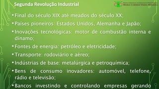 Segunda Revolução Industrial
•Final do século XIX até meados do século XX;
•Países pioneiros: Estados Unidos, Alemanha e Japão;
•Inovações tecnológicas: motor de combustão interna e
dínamo;
•Fontes de energia: petróleo e eletricidade;
•Transporte: rodoviário e aéreo;
•Indústrias de base: metalúrgica e petroquímica;
•Bens de consumo inovadores: automóvel, telefone,
rádio e televisão;
•Bancos investindo e controlando empresas gerando
 