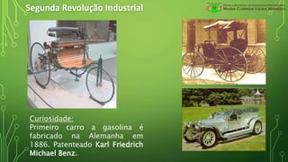 Segunda Revolução Industrial
Curiosidade:
Primeiro carro a gasolina é
fabricado na Alemanha em
1886. Patenteado Karl Friedrich
Michael Benz.
 