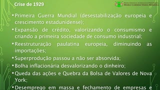 Crise de 1929
•Primeira Guerra Mundial (desestabilização europeia e
crescimento estadunidense);
•Expansão de crédito, valorizando o consumismo e
criando a primeira sociedade de consumo industrial;
•Reestruturação paulatina europeia, diminuindo as
importações;
•Superprodução passou a não ser absorvida;
•Bolha inflacionária desvalorizando o dinheiro;
•Queda das ações e Quebra da Bolsa de Valores de Nova
York;
•Desemprego em massa e fechamento de empresas e
 