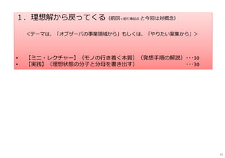 １．理想解から戻ってくる（前回＝困り事起点 と今回は対概念）
＜テーマは、「オブザーバの事業領域から」もしくは、「やりたい案集から」＞
• 【ミニ・レクチャー】（モノの⾏き着く本質）（発想⼿順の解説）･･･30
• 【実践】（理想状態の分⼦と分⺟を書き出す） ･･･30
41
 
