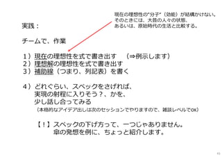 実践：
チームで、作業
１）現在の理想性を式で書き出す （⇒例⽰します）
２）理想解の理想性を式で書き出す
３）補助線（つまり、列記表）を書く
４）どれぐらい、スペックをさげれば、
実現の射程に⼊りそう？、かを、
少し話し合ってみる
（本格的なアイデア出しは次のセッションでやりますので、雑談レベルでOK）
【！】スペックの下げ⽅って、⼀つじゃありません。
傘の発想を例に、ちょっと紹介します。
現在の理想性の“分⼦“（効能）が結構かけない。
そのときには、⼤昔の⼈々の状態、
あるいは、原始時代の⽣活と⽐較する。
43
 