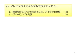 ２．ブレインライティング＆ラウンドレビュー
1. 理想解からスペックを落として、アイデアを発想 ･･･30
2. グルーピング＆発展 ･･･30
44
 