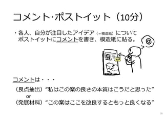 コメント･ポストイット（10分）
・各⼈、⾃分が注⽬したアイデア（＝模造紙）について
ポストイットにコメントを書き、模造紙に貼る。
コメントは・・・
（良点抽出）“私はこの案の良さの本質はこうだと思った”
or
（発展材料）“この案はここを改良するともっと良くなる”
26
 