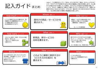記⼊ガイド まとめ
WhomWhom（誰に？）
WhyWhy（なぜ？※1）How muchHow much（いくらで？）
WhatWhat（何を？）
WhoWho（誰が？※2）How manyHow many（いくつ？）
HowHow（どのように？）
WhenWhen（いつ？）WhereWhere（どこで？）
※1：ユーザの購買動機
※2：競合優位となる、実施者の強み
[ Who ]：この項⽬はたいてい「⾃分」が⼊りますが「強み」をチェックするこ
とで、そのアイデアを実⾏するのに⾃分が最適な⼈物かを判断します。もし他
の⼈の強みのほうが適している場合、そのプランが成功する可能性は低いで
しょう。その⼈・組織のもつ強みに⽴脚したプランであるからこそ、他者には
真似できないものになります。プランが、強みを⼗分に活かせるものであるよ
うに、Who項⽬は他の８要素に軌道修正を促します。
新商品、新サービスの
名称を書きます。
誰向けの商品・サービスかを
書きます。
どのように顧客に提供するか
（ビジネスの仕組み）を
書きます。
顧客は、なぜその商品を買うのか、
お客さんが買いたくなる理由
（購買理由）を書きます。
いくらで提供するのかを書きます。想
定顧客とその購買理由からして、いく
らで顧客が買うのかは、
ある程度限定されます。
どのくらい販売（⽣産）するのかを書
きます。あるいは、
⼀度にいくつ提供するか
を書きます。
どこで売るのか（オンラインストアか、
実店舗か、実店舗だとしたら、どうい
うところか）どの
販売チャネルで
売るのかを書きます。
いつから売るのか、
どれくらいの時間提供するか、
を書きます。
誰がそのビジネスをやるのかを書き、
そして（ ）をつけて、その⼈がこの
プランをうまく実⾏できる
「強み」を書きます。
64
 