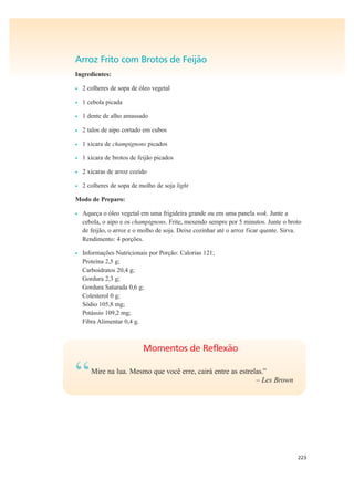 223
Arroz Frito com Brotos de Feijão
Ingredientes:
• 2 colheres de sopa de óleo vegetal
• 1 cebola picada
• 1 dente de alho amassado
• 2 talos de aipo cortado em cubos
• 1 xícara de champignons picados
• 1 xícara de brotos de feijão picados
• 2 xícaras de arroz cozido
• 2 colheres de sopa de molho de soja light
Modo de Preparo:
• Aqueça o óleo vegetal em uma frigideira grande ou em uma panela wok. Junte a
cebola, o aipo e os champignons. Frite, mexendo sempre por 5 minutos. Junte o broto
de feijão, o arroz e o molho de soja. Deixe cozinhar até o arroz ficar quente. Sirva.
Rendimento: 4 porções.
• Informações Nutricionais por Porção: Calorias 121;
Proteína 2,5 g;
Carboidratos 20,4 g;
Gordura 2,3 g;
Gordura Saturada 0,6 g;
Colesterol 0 g;
Sódio 105,8 mg;
Potássio 109,2 mg;
Fibra Alimentar 0,4 g.
Momentos de Reflexão
“Mire na lua. Mesmo que você erre, cairá entre as estrelas.”
– Les Brown
 