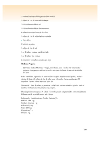 233
3 colheres de sopa de vinagre de vinho branco
1 colher de chá de mostarda de Dijon
3/4 de colher de chá de sal
1/4 de colher de chá de alho amassado
6 colheres de sopa de azeite de oliva
1 colher de chá de salsinha fresca picada
• SALADA:
2 brócolis grandes
1 colher de chá de sal
1 pé de alface romana grande cortado
1 pé de alface lisa cortado
2 pimentões vermelhos cortados em tiras
Modo de Preparo:
• Prepare o molho: Misture o vinagre, a mostarda, o sal e o alho em uma vasilha
pequena. Aos poucos, adicione o azeite, sem parar de bater. Acrescente a salsinha
no final.
Corte o brócolis, separando os talos (reserve-os para preparar outros pratos). Ferva 8
xícaras de água e 1 colher de chá de sal e junte o brócolis. Deixe cozinhar por 30
segundos. Escorra e lave bem com água fria.
Misture os 2 tipos de alface, o pimentão e o brócolis em uma saladeira grande. Junte o
molho e misture bem. Rendimento: 12 porções.
Dica de preparo antecipado: A salada e o molho podem ser preparados com antecedência.
Cubra e guarde na geladeira por até 4 horas.
Informações Nutricionais por Porção: Calorias 95;
Gordura Total 7 g;
Gordura Saturada 1 g;
Colesterol 0 mg;
Sódio 220 mg;
Carboidrato 7 g;
Proteína 3 g.
 
