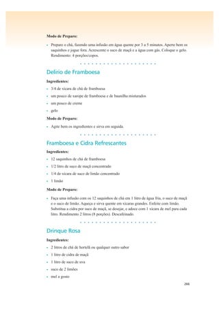 266
Modo de Preparo:
• Prepare o chá, fazendo uma infusão em água quente por 3 a 5 minutos. Aperte bem os
saquinhos e jogue fora. Acrescente o suco de maçã e a água com gás. Coloque o gelo.
Rendimento: 4 porções/copos.
• • • • • • • • • • • • • • • • • • • •
Delírio de Framboesa
Ingredientes:
• 3/4 de xícara de chá de framboesa
• um pouco de xarope de framboesa e de baunilha misturados
• um pouco de creme
• gelo
Modo de Preparo:
• Agite bem os ingredientes e sirva em seguida.
• • • • • • • • • • • • • • • • • • • •
Framboesa e Cidra Refrescantes
Ingredientes:
• 12 saquinhos de chá de framboesa
• 1/2 litro de suco de maçã concentrado
• 1/4 de xícara de suco de limão concentrado
• 1 limão
Modo de Preparo:
• Faça uma infusão com os 12 saquinhos de chá em 1 litro de água fria, o suco de maçã
e o suco de limão. Aqueça e sirva quente em xícaras grandes. Enfeite com limão.
Substitua a cidra por suco de maçã, se desejar, e adoce com 1 xícara de mel para cada
litro. Rendimento 2 litros (8 porções). Descafeinado.
• • • • • • • • • • • • • • • • • • • •
Drinque Rosa
Ingredientes:
• 2 litros de chá de hortelã ou qualquer outro sabor
• 1 litro de cidra de maçã
• 1 litro de suco de uva
• suco de 2 limões
• mel a gosto
 